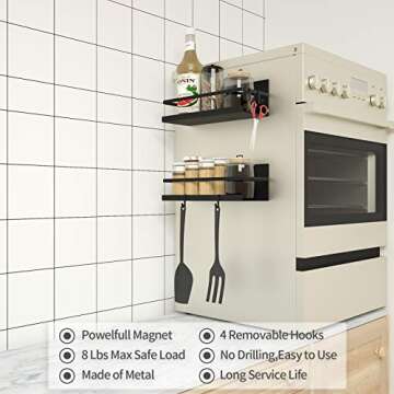 FYCBJVW 2 Pack Magnetic shelf with 4 hooks,magnetic spice rack for refrigerator,Storage Organizer For Fridge,Spice Shelf for Kitchen (Black, 2 Pack With Hooks)