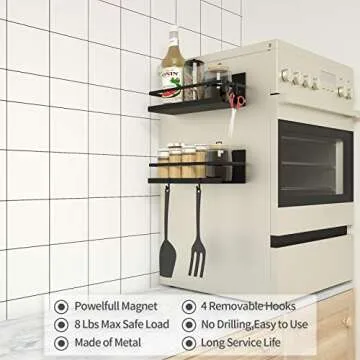 FYCBJVW 2 Pack Magnetic shelf with 4 hooks,magnetic spice rack for refrigerator,Storage Organizer For Fridge,Spice Shelf for Kitchen (Black, 2 Pack With Hooks)