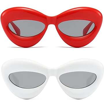 SeeBand Fashion Inflated Cat-eye Sunglasses for Women Oversized Thick Frame Sexy Lip Sun Glasses Trendy Designer Style (Red+ White)