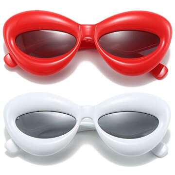 SeeBand Fashion Inflated Cat-eye Sunglasses for Women Oversized Thick Frame Sexy Lip Sun Glasses Trendy Designer Style (Red+ White)