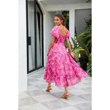 ABYOVRT Women Floral Maxi Dress Short Puff Sleeve V Neck Bohemian Flowy Dress Smocked Casual Spring ...