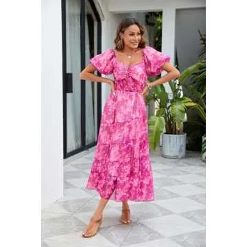 ABYOVRT Women Floral Maxi Dress Short Puff Sleeve V Neck Bohemian Flowy Dress Smocked Casual Spring Summer Dresses (Purple,S)