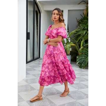 ABYOVRT Women Floral Maxi Dress Short Puff Sleeve V Neck Bohemian Flowy Dress Smocked Casual Spring Summer Dresses (Purple,S)