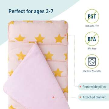 Wildkin Original Nap Mat with Reusable Pillow for Boys & Girls, Perfect for Elementary Daycare Sleepovers, Features Hook & Loop Fastener, Cotton Blend Materials Nap Mat for Kids (Pink and Gold Stars)