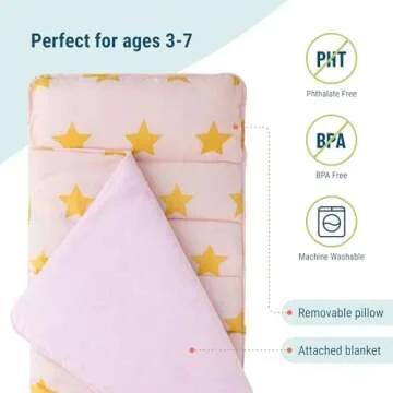 Wildkin Original Nap Mat with Reusable Pillow for Boys & Girls, Perfect for Elementary Daycare Sleepovers, Features Hook & Loop Fastener, Cotton Blend Materials Nap Mat for Kids (Pink and Gold Stars)