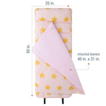 Wildkin Original Nap Mat with Reusable Pillow for Boys & Girls, Perfect for Elementary Daycare Sleepovers, Features Hook & Loop Fastener, Cotton Blend Materials Nap Mat for Kids (Pink and Gold Stars)
