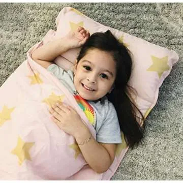 Wildkin Original Nap Mat with Reusable Pillow for Boys & Girls, Perfect for Elementary Daycare Sleepovers, Features Hook & Loop Fastener, Cotton Blend Materials Nap Mat for Kids (Pink and Gold Stars)