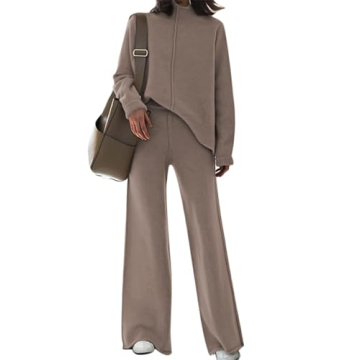 Fixmatti Women Rib-Knit Pullover Sweater Top Wide Leg Long Pants Set 2 Piece Outfits Tracksuit Khaki S