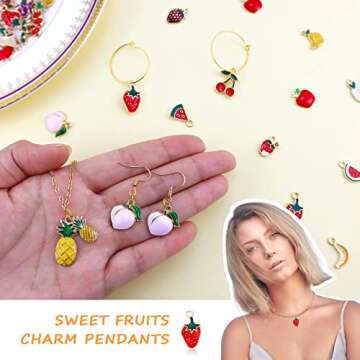JIALEEY 60PCS Fruits Charm Assorted Gold Plated Enamel Mixed Apple Banana Pineapple Strawberry Grape Peach Charm Pendant DIY for Necklace Bracelet Earring Jewelry Making