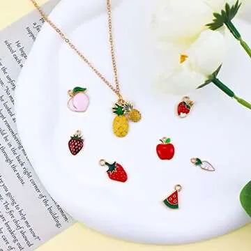 JIALEEY 60PCS Fruits Charm Assorted Gold Plated Enamel Mixed Apple Banana Pineapple Strawberry Grape Peach Charm Pendant DIY for Necklace Bracelet Earring Jewelry Making