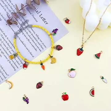 JIALEEY 60PCS Fruits Charm Assorted Gold Plated Enamel Mixed Apple Banana Pineapple Strawberry Grape Peach Charm Pendant DIY for Necklace Bracelet Earring Jewelry Making