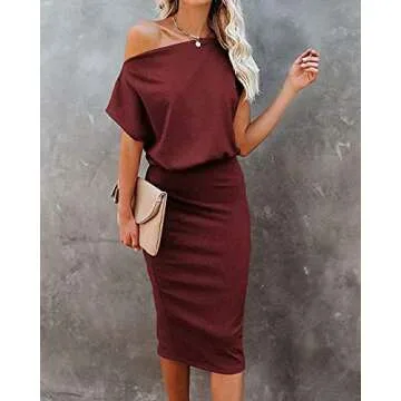 Ezbelle Women's Off The Shoulder Short Sleeve Ribbed Bodycon Casual Summer Party Pencil Dress Red Wine Medium