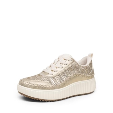DREAM PAIRS Women Chunky City Tweed Comfortable Casual Platform Fashion Sneaker,Size 7.5,Gold,SDFN23...