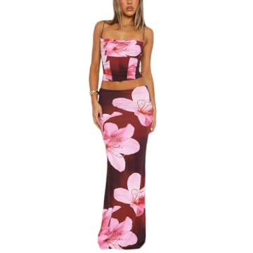 ksotutm Floral Print Halter Top and Maxi Skirt Set for Women Summer Style