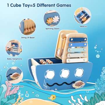 Promise Babe 5-in-1 Baby Wooden Activity Cube, Sea Ocean Montessori Toddler Toys for 1+ Year Old Boy...
