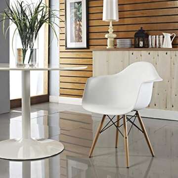 Modway Pyramid Mid-Century Modern Kitchen and Dining Room Arm Chair with Natural Wood Legs in White