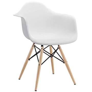 Modway Pyramid Mid-Century Modern Kitchen and Dining Room Arm Chair with Natural Wood Legs in White