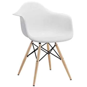 Modway Pyramid Mid-Century Modern Kitchen and Dining Room Arm Chair with Natural Wood Legs in White