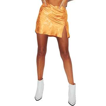 LYANER Women's Elegant Satin Silk Side Split Slit Zipper High Waist Mini Short Skirt Yellow X-Small