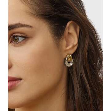 NIXMAX Chunky Small Knot Earrings Two Tone Geometric Earrings for Women Dainty 14K Gold and Silver P...