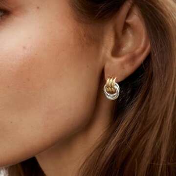 NIXMAX Chunky Small Knot Earrings Two Tone Geometric Earrings for Women Dainty 14K Gold and Silver Plated Dangle Drop Earrings Hypoallergenic Lightweight Fashion Trendy Jewelry (Double,Mixed Metal)