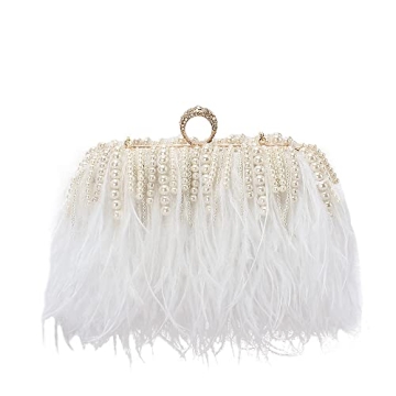 Elegant White Ostrich Feather Clutch with Pearl Tassels for Evening Events