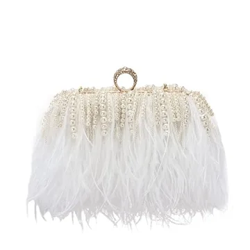 Elegant White Ostrich Feather Clutch with Pearl Tassels for Evening Events