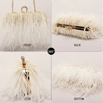 White Ostrich Feather Pearl Tassel Evening Clutch Purse