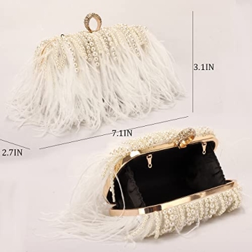 White Ostrich Feather Pearl Tassel Evening Clutch Purse