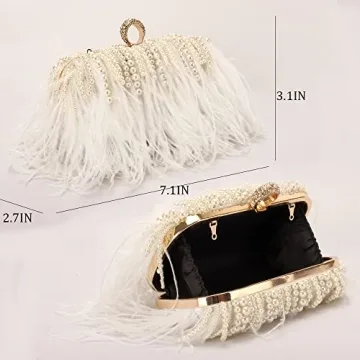 White Ostrich Feather Pearl Tassel Evening Clutch Purse