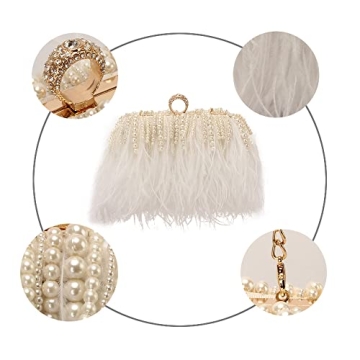 White Ostrich Feather Pearl Tassel Evening Clutch Purse