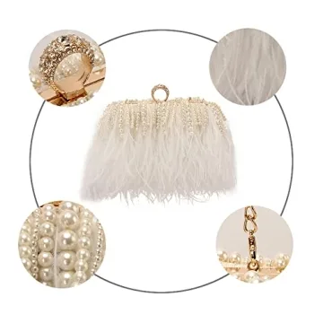 White Ostrich Feather Pearl Tassel Evening Clutch Purse