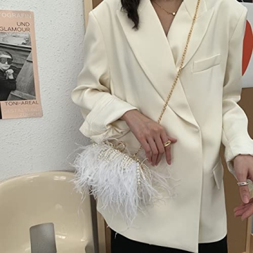 White Ostrich Feather Pearl Tassel Evening Clutch Purse