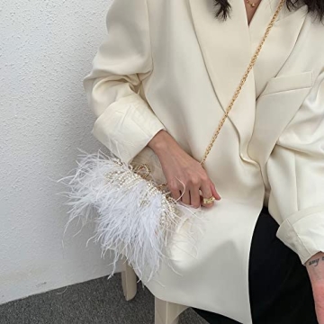 White Ostrich Feather Pearl Tassel Evening Clutch Purse