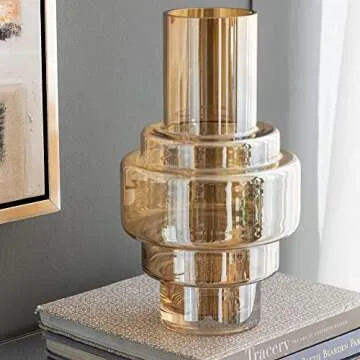 A&B Home Amber Cylindric Glass Vase - Geometrical Decorative Vase, Tabletop Home Decor, Bedroom Living Room Accent Piece Entryway Console Table Sideboard Flower Vase, 8" x 8" x 14"