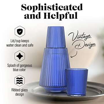 American Atelier Vintage Bedside Water Carafe With Tumbler â€“ 37 Oz Ribbed Pitcher and Matching Drinking Glass Doubles As Lid For Guest Room, OfficeMakes A Gift, 4.5 x 9.25", Blue, American Atelier