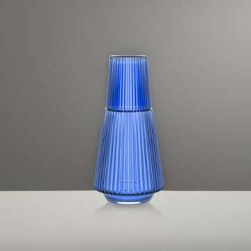 American Atelier Vintage Bedside Water Carafe With Tumbler â€“ 37 Oz Ribbed Pitcher and Matching Drinking Glass Doubles As Lid For Guest Room, OfficeMakes A Gift, 4.5 x 9.25", Blue, American Atelier