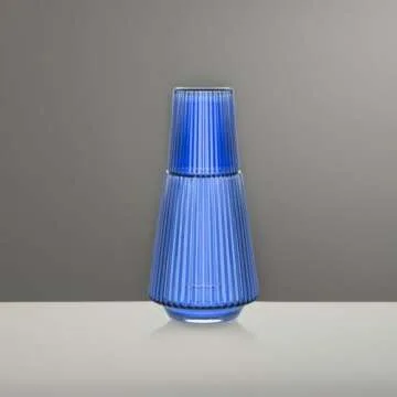 American Atelier Vintage Bedside Water Carafe With Tumbler â€“ 37 Oz Ribbed Pitcher and Matching Drinking Glass Doubles As Lid For Guest Room, OfficeMakes A Gift, 4.5 x 9.25", Blue, American Atelier