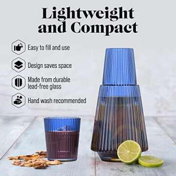 American Atelier Vintage Bedside Water Carafe With Tumbler â€“ 37 Oz Ribbed Pitcher and Matching Drinking Glass Doubles As Lid For Guest Room, OfficeMakes A Gift, 4.5 x 9.25", Blue, American Atelier