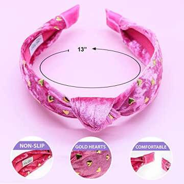 FROG SAC Pink Heart Headband for Girls, Studded Knotted Valentines Day Headbands for Kids, Cute Stud Knot Vday Head Bands, Little Girl Velvet Hair Accessories, Fashion Hair Bands for Children