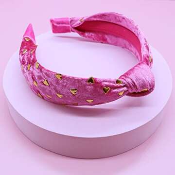 FROG SAC Pink Heart Headband for Girls, Studded Knotted Valentines Day Headbands for Kids, Cute Stud Knot Vday Head Bands, Little Girl Velvet Hair Accessories, Fashion Hair Bands for Children