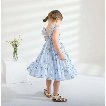 YOUNGER TREE Toddler Girls Outfits Floral Flutter Sleeve Princess Dress Summer Clothes Line Skirts for Girls(12-18 Months,Blue Floral)