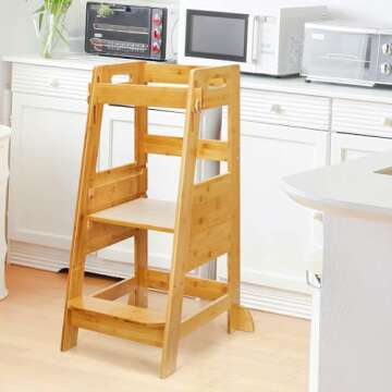 TOETOL Bamboo Toddler Step Stool - Eco-Friendly Adjustable Kitchen Helper