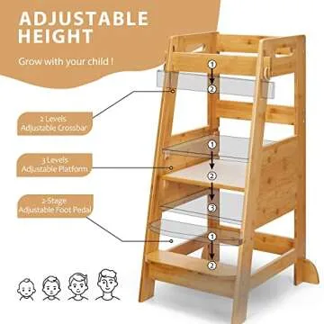TOETOL Bamboo Toddler Step Stool - Adjustable & Safe
