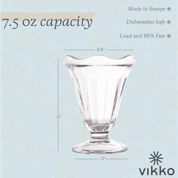 Vikko Glass Dessert Cups - Set of 12 Footed Ice Cream Cups, 7.5 Oz, Durable & Stylish
