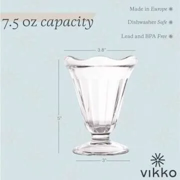 Vikko Glass Dessert Cups - Set of 12 Footed Ice Cream Cups, 7.5 Oz, Durable & Stylish