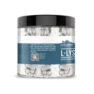 Earthborn Elements L-Lysine HCL 200 Capsules, Pure & Undiluted, No Additives