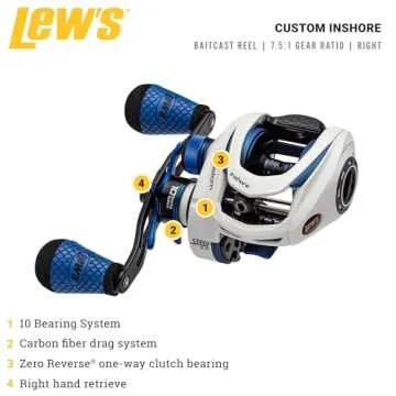 Lew's Custom Inshore SLP 7.5:1 Right Hand Baitcast Reel - Exceptional Smoothness & Precision Casting