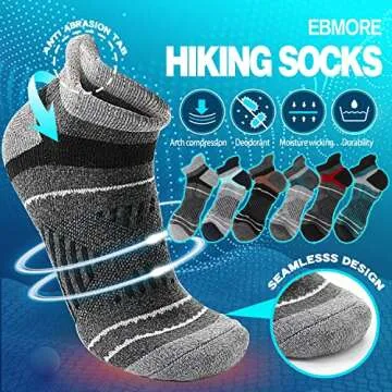 EBMORE Merino Wool Ankle Hiking Socks Compression Warm Winter Thermal Thick Cushion No Show Running ...