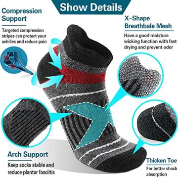EBMORE Merino Wool Ankle Hiking Socks Compression Warm Winter Thermal Thick Cushion No Show Running Moisture Wicking Athletic Socks Gifts Stocking Stuffers for Men Women 6 Pairs(Color Mix，L)